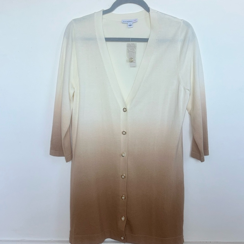 Isaac Mizrahi Dip Dye Boyfriend Cardigan ombré ivory/cream to tan/camel S NEW